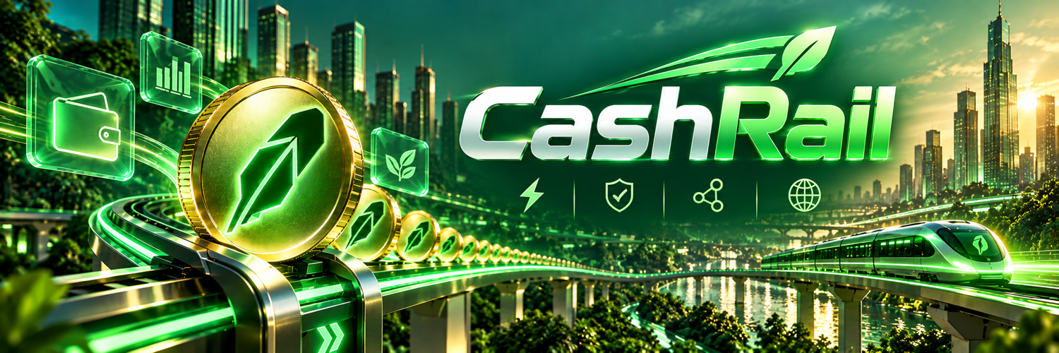 CashRail digital assets traveling along a luminous green financial rail